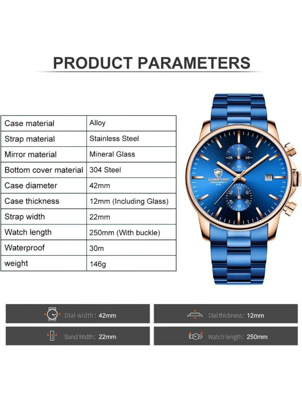 Men's Rose Blue Fashion Stainless Steel Waterproof Chronograph Quartz Watches